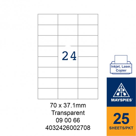 MAYSPIES 09 00 66 TRANSPARENT LABEL FOR INKJET / LASER / COPIER 25 SHEETS/PKT  70 X 37.1MM